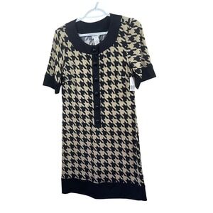 Kim Rogers Dress Tan Black Houndstooth Career Missy Button Front Size 6